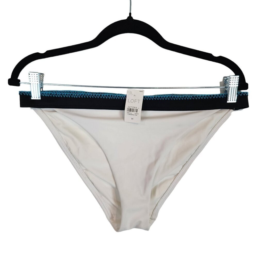Ann‎ Taylor Loft NEW Bikini Bottoms White w Blue Embroidered Trim Swim Bottoms M
